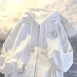 女童白灰色纯棉春秋冬款星星印花连帽拉链卫衣中大童学院风男童