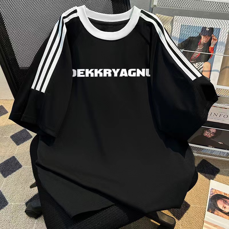 简约字母印花夏季三条杠短袖上衣男女童款2025潮牌纯棉t恤衫