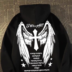 男童潮牌翅膀印花男童连帽卫衣春秋冬美式嘻哈儿童加绒帽衫外套