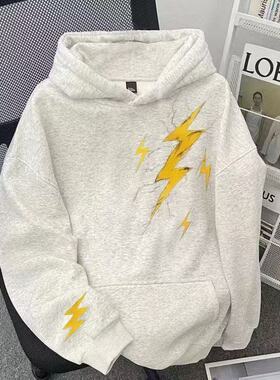 美式黄色闪电儿童印花中大童连帽卫衣休闲百搭加绒儿童秋冬帽衫潮