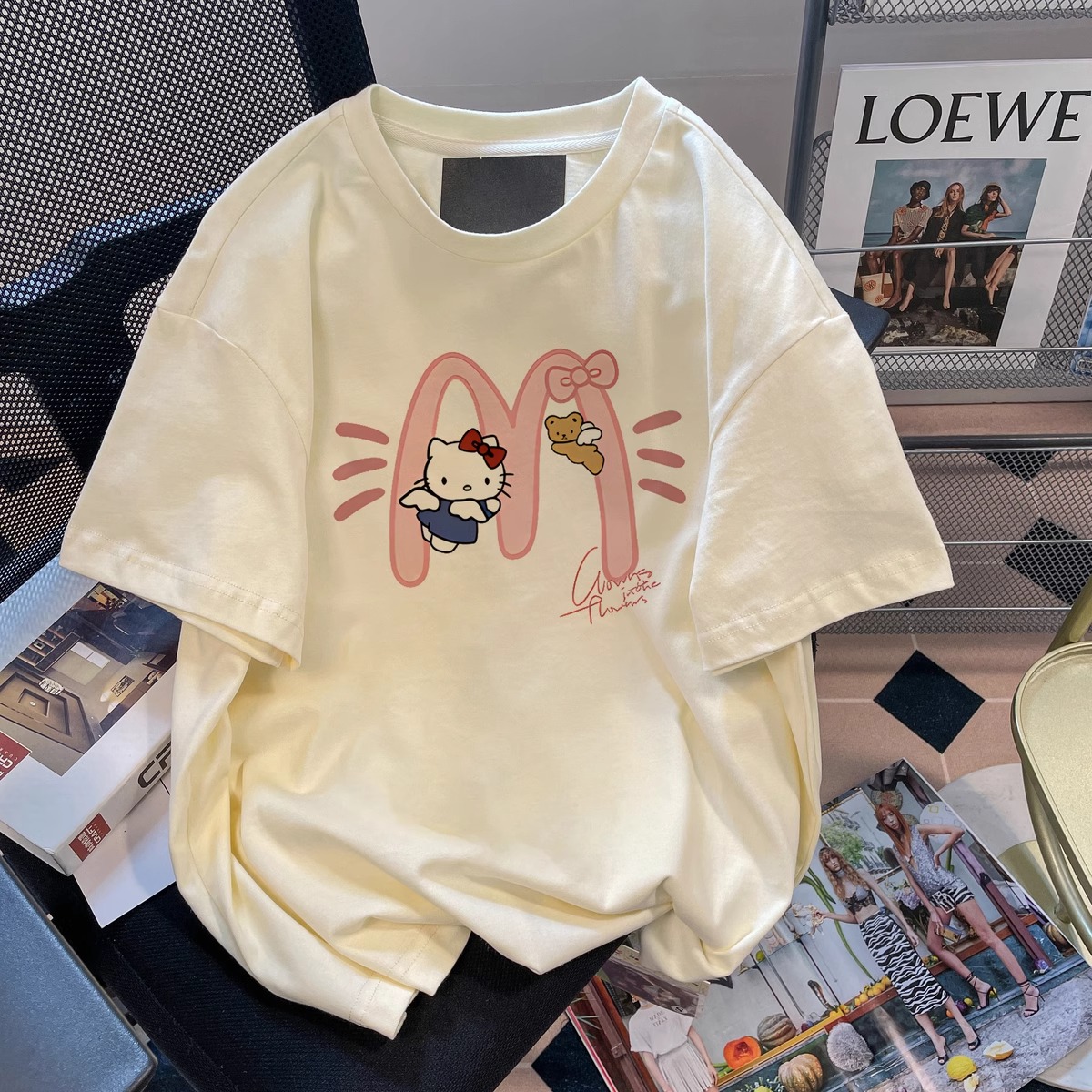 杏色日系学院风Kitty猫短袖T恤女童夏季宽松版可爱百搭半袖上衣