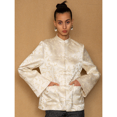 蓝点白色裂纹缎面立领盘扣中山装