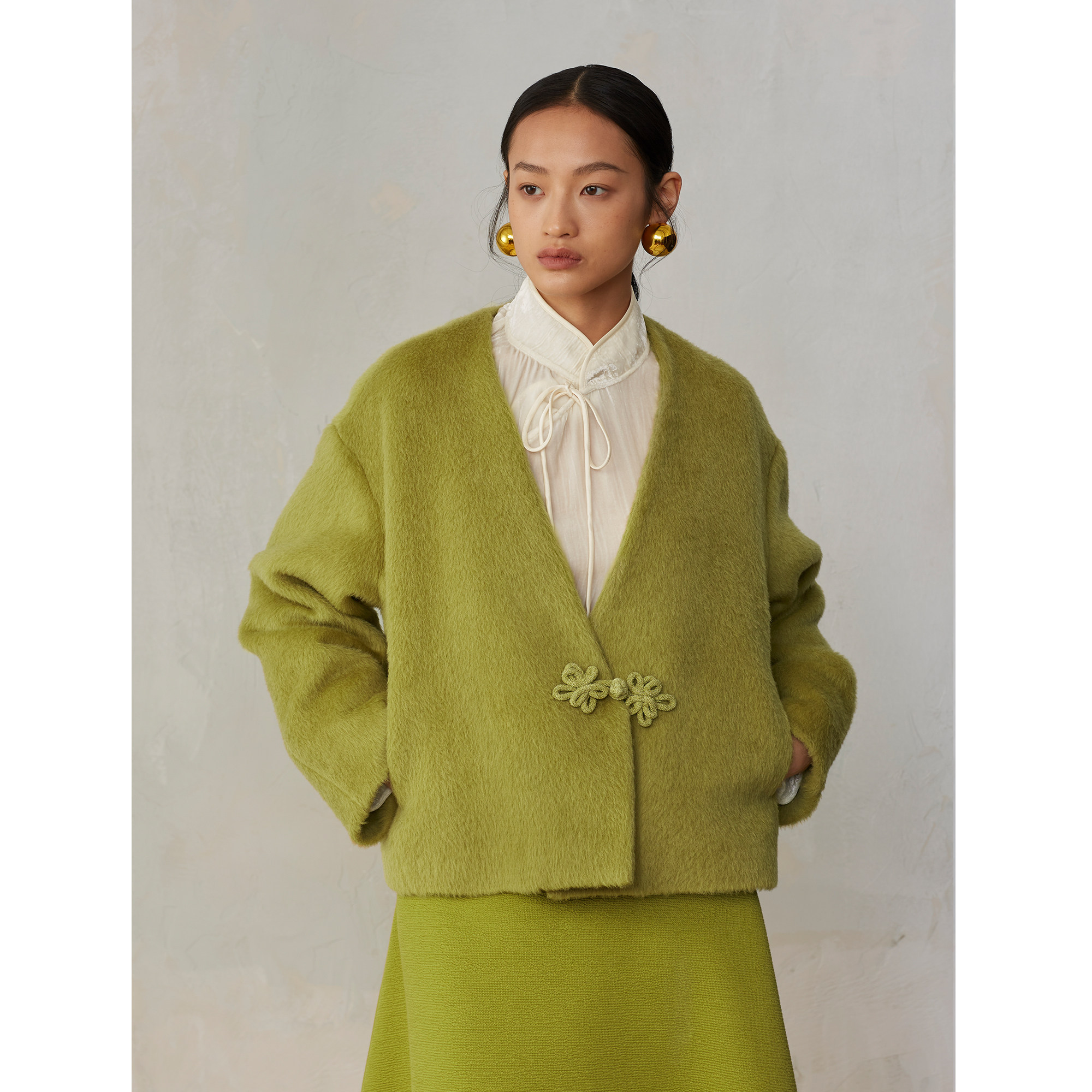 【SALE5折】蓝点·原创设计师新中式绿色盘扣V领苏力羊驼毛呢外套,女装/女士精品,短外套,淘宝优惠券,粉丝福利购,淘宝优惠卷