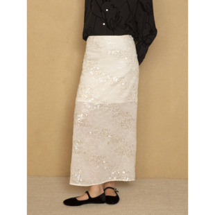 PaleBlueDot蓝点·时髦新中式春夏米白色亮片氛围感直筒一步半裙