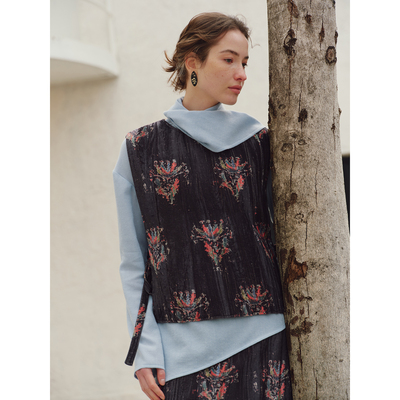 蓝点冬季中式丝绒提花系带马甲