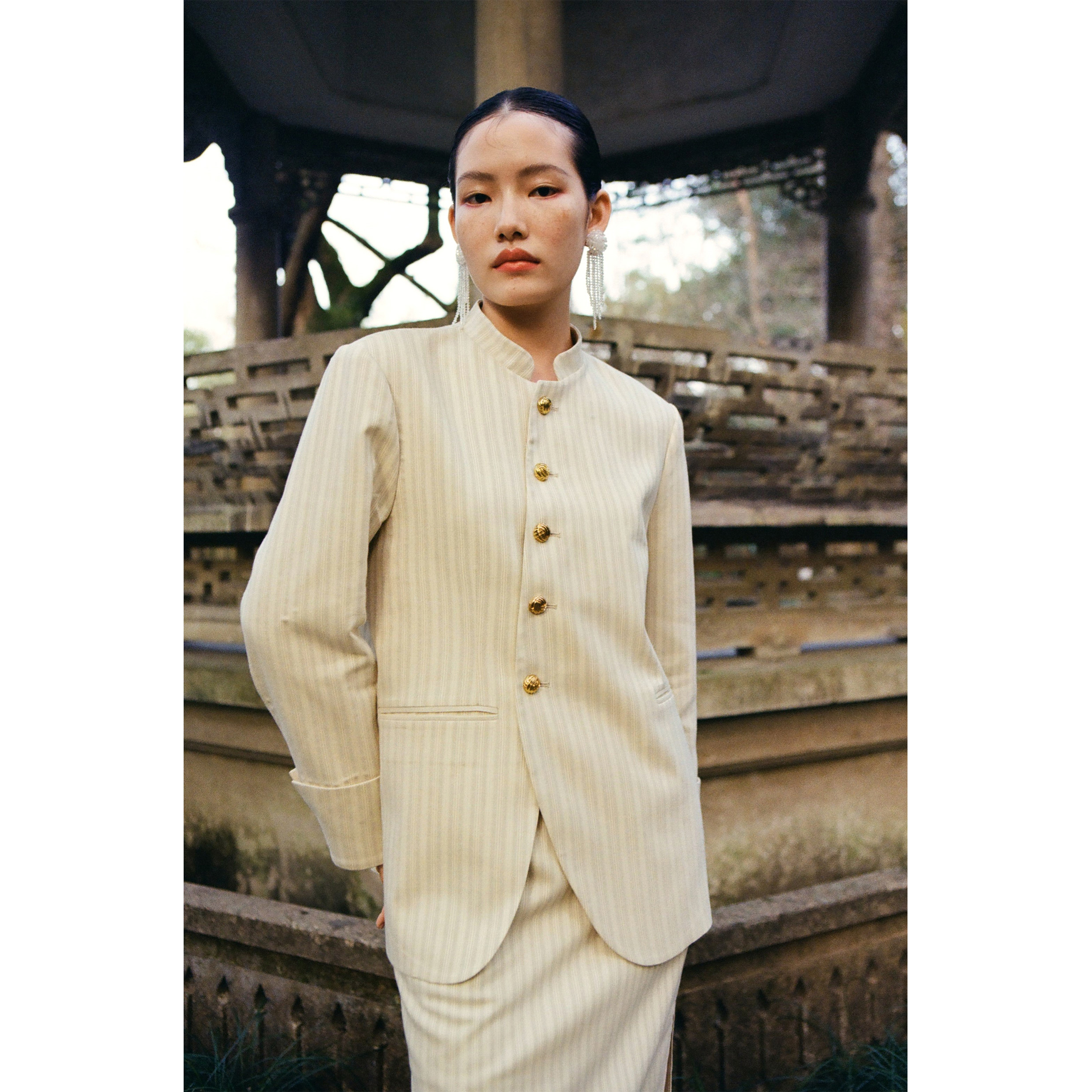 【SALE6折】蓝点·原创设计新中式条纹立领中山装西装半身裙套装,女装/女士精品,时尚套装,淘宝优惠券,粉丝福利购,淘宝优惠卷