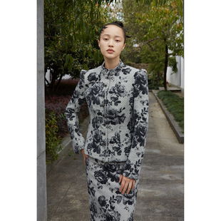 收腰套装 立领提花短款 蓝点·原创设计优雅中式 ／西装 SALE5折