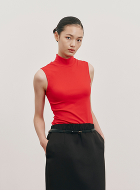 PaleBlueDot蓝点2025春夏洋红色无袖弹力立领背心百搭摩登新中式