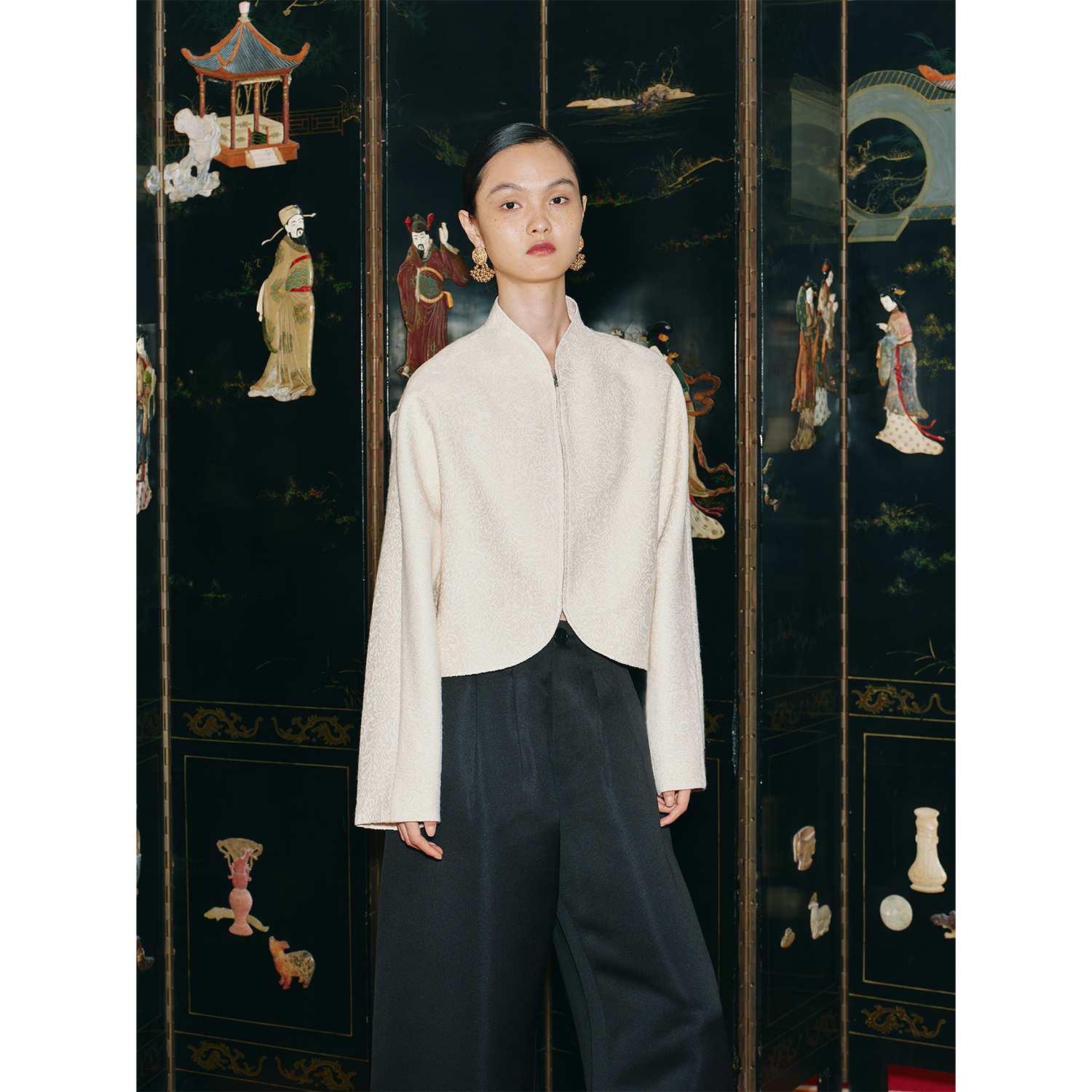 蓝点立领短款呢外套女