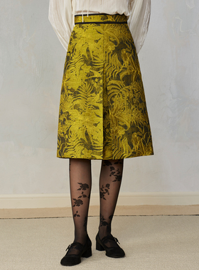 PaleBlueDot蓝点·原创设计师新中式黄色图腾花卉提花A字百褶半裙