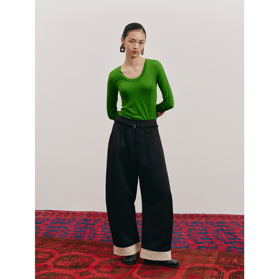 25SS蓝点简约拼色镰刀阔腿裤