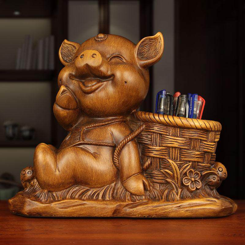生肖猪笔筒摆件办公室书房桌面装饰品铅笔毛笔文具收纳白酒红酒架