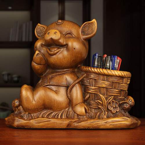 生肖猪笔筒摆件办公室书房桌面装饰品铅笔毛笔文具收纳白酒红酒架