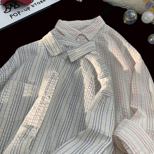 B478*P45 肌理感泡泡百搭上衣学生宽松 夏季新款纯色条纹长袖衬衫图片