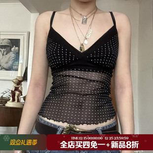SEEYOULATER v领短吊带背心 禁欲暗黑透视网纱拼接波点上衣女修身