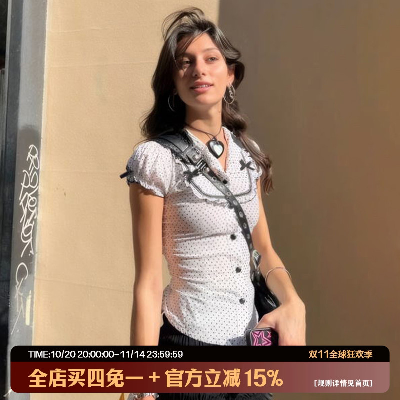 SEEYOULATER 法式波点修身翻领排扣泡泡袖T恤复古少女蝴蝶结上衣
