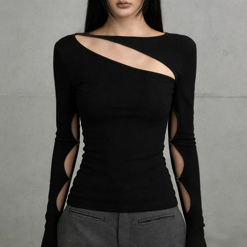 镂空解构不规则黑色长袖圆领T恤