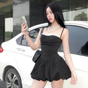 SEEYOULATER 气质蕾丝拼接收腰吊带连衣裙简约百搭黑色花苞裙 法式