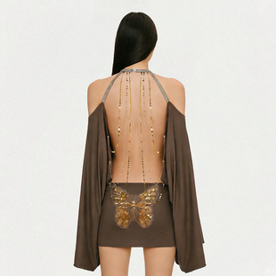 SEEYOULATER美式 包臀短裙 辣妹露背链条棕色挂脖连衣裙挖肩蝙蝠袖