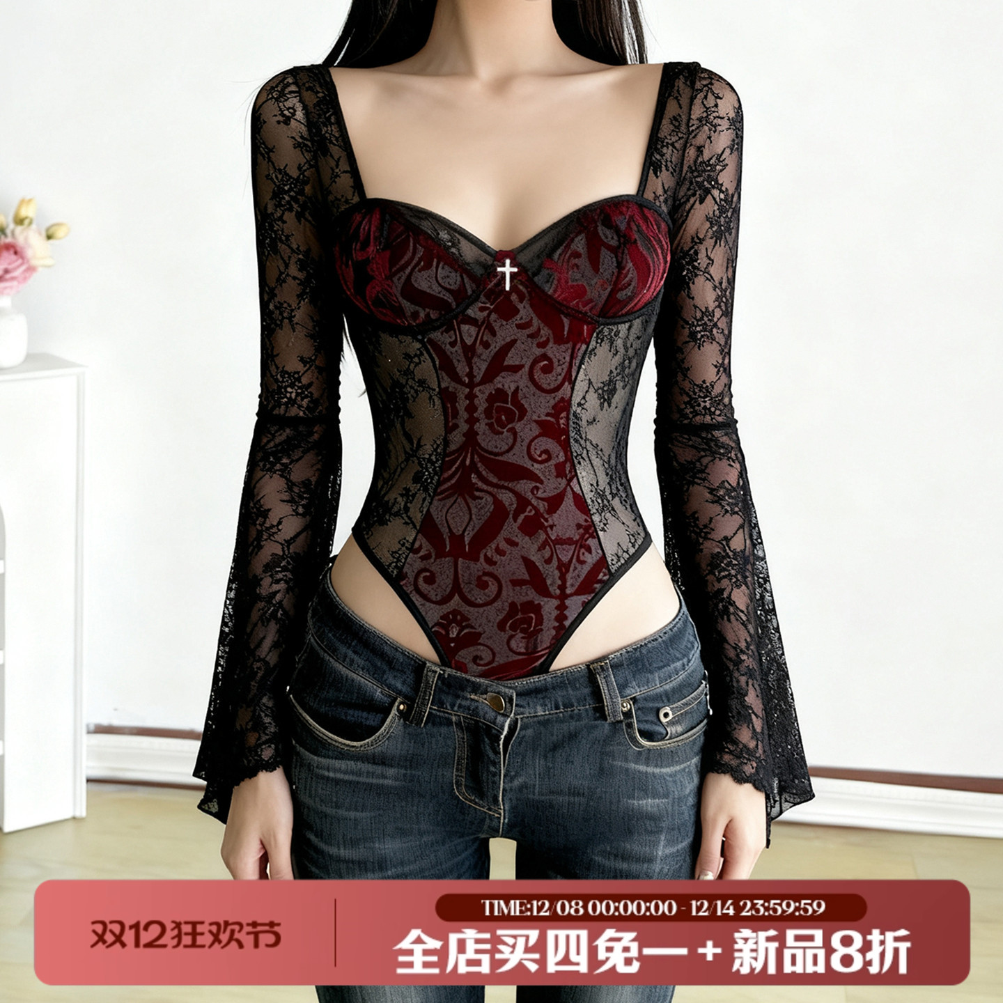 禁欲性感透视蕾丝拼接低胸连体衣