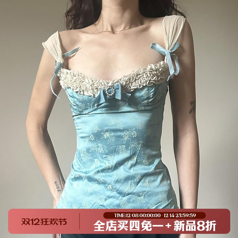 油画宫廷风复古木耳边蝴蝶结吊带