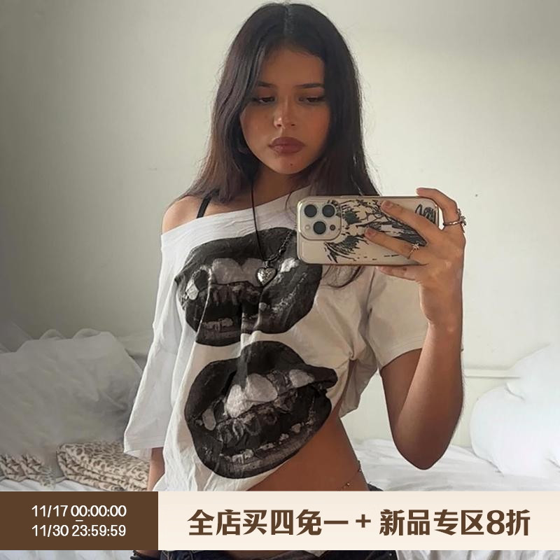 SEEYOULATER 欧美街头风性感嘴唇印花斜肩T恤宽松百搭辣妹上衣潮