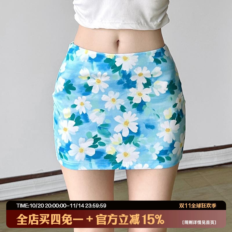 SEEYOULATER 度假风印花清新蓝色修身辣妹短裙复古百搭包臀半身裙