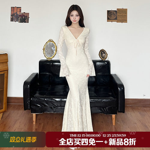 缪斯女神褶皱v领蕾丝鱼尾连衣裙