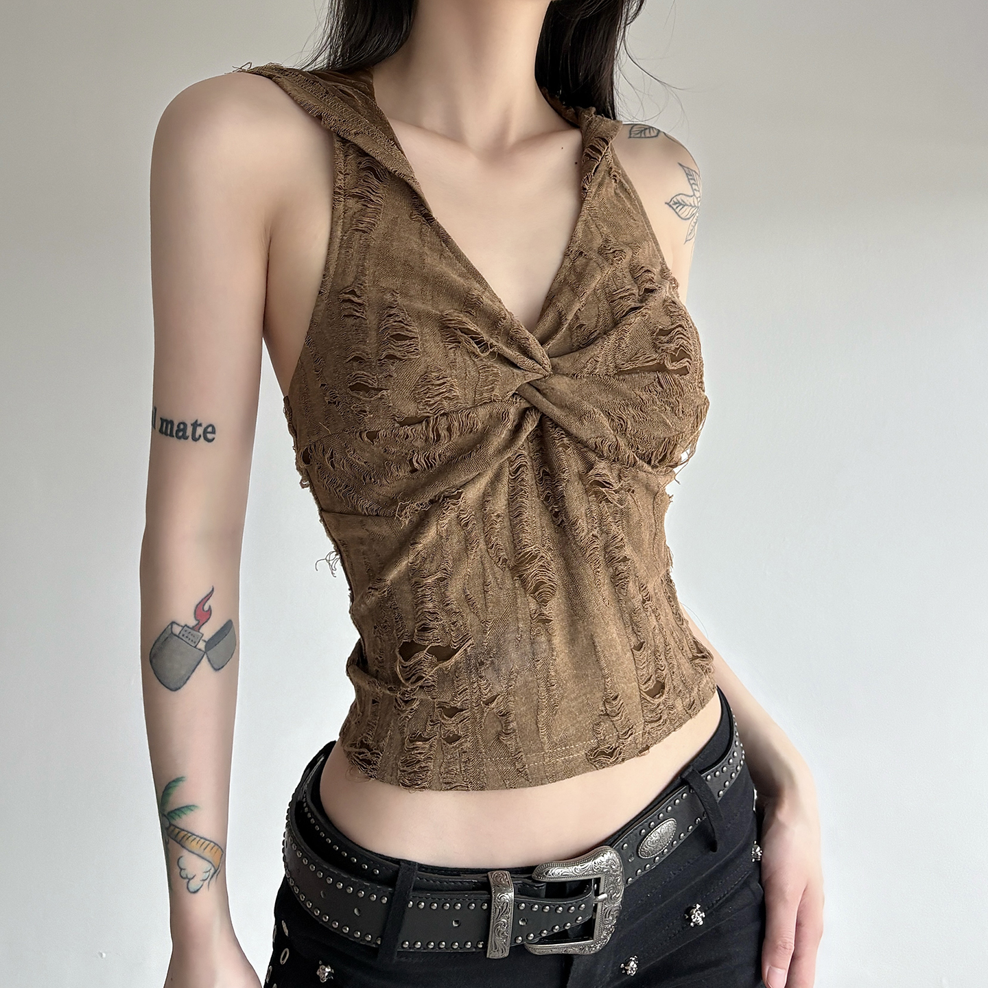 沙丘废土风复古破洞连帽吊带背心