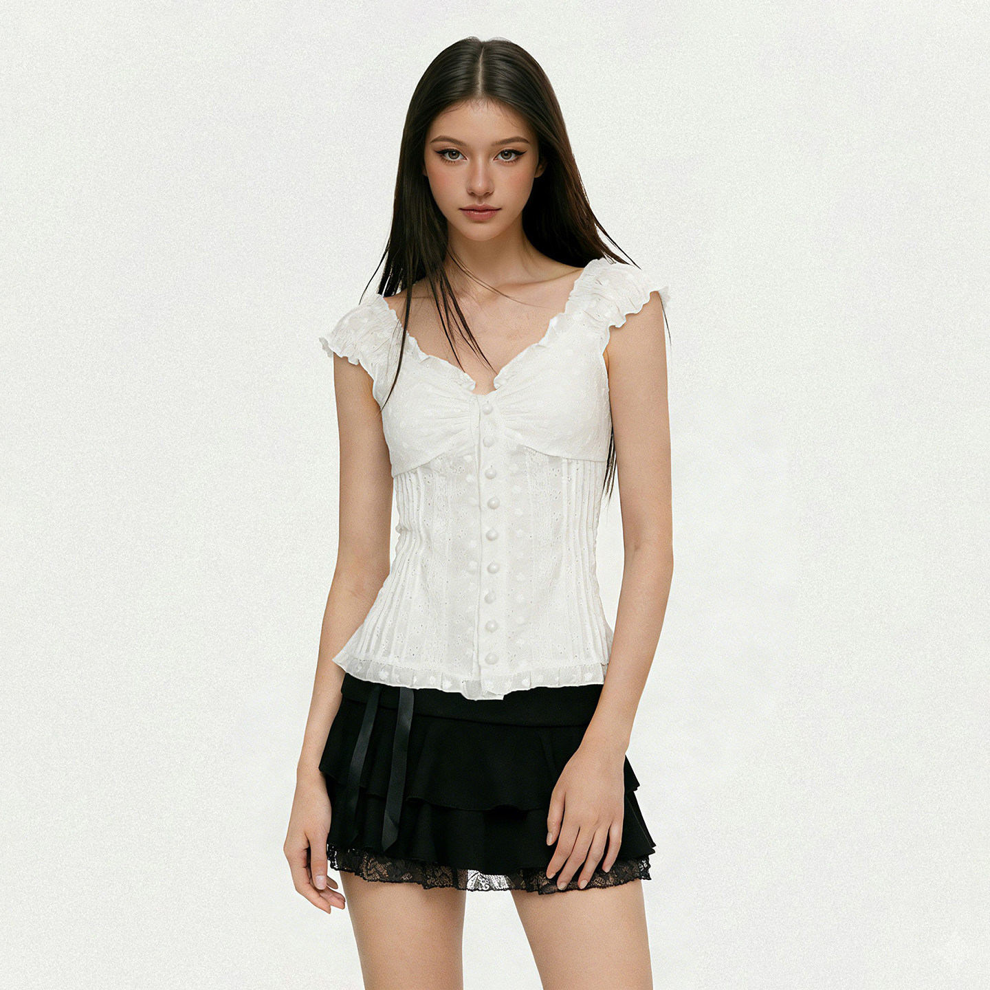 SEEYOULATER 法式复古修身单排扣简约短袖T恤基础百搭低v领上衣