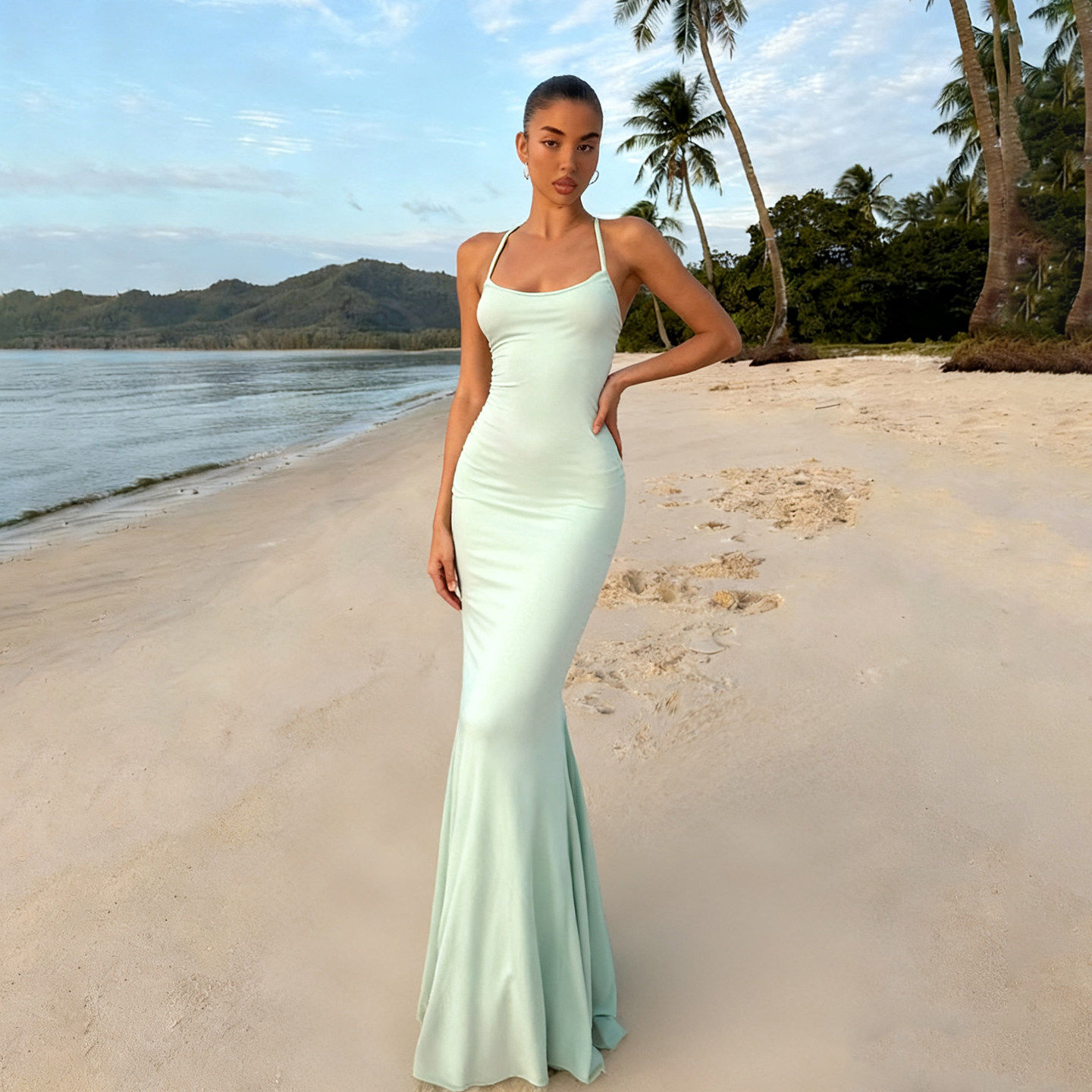 SEEYOULATER 法式绑带露背蝴蝶结吊带连衣裙收腰包臀纯色鱼尾长裙