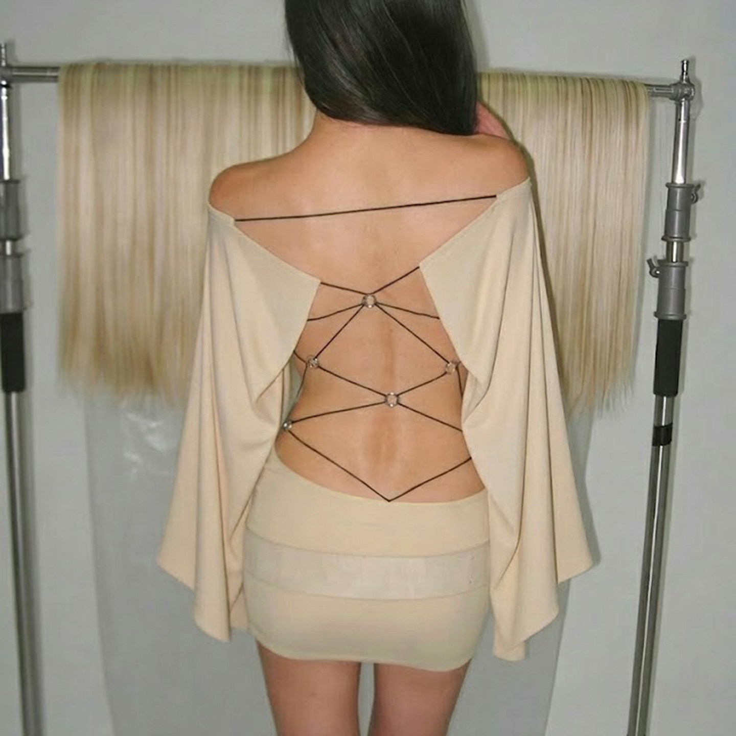 SEEYOULATER 美式辣妹露背绑带纯色一字连衣裙露腰包臀蝙蝠袖短裙