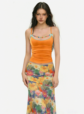 SEEYOULATER 海岛度假风彩色串珠修身吊带背心复古橙色多巴胺上衣