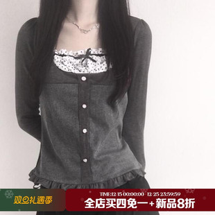 SEEYOULATER 饰上衣 日系甜美波点假两件拼接针织T恤收腰单排扣装