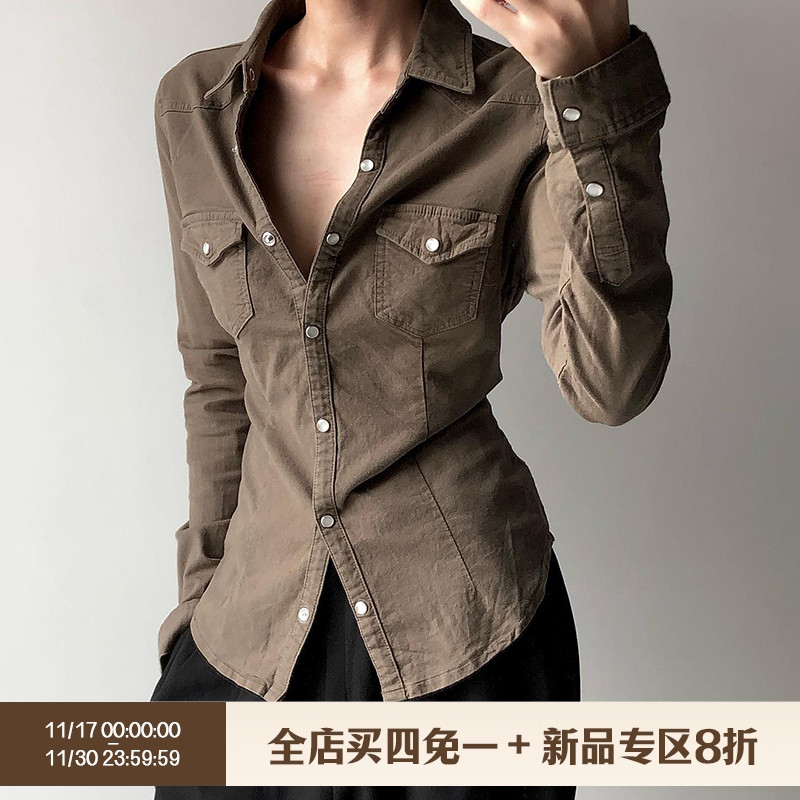 SEEYOULATER 暮光女修身排扣翻领工装口袋衬衫街头感辣妹长袖上衣