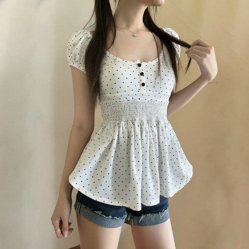 法式收腰打揽波点A摆圆领白色T恤