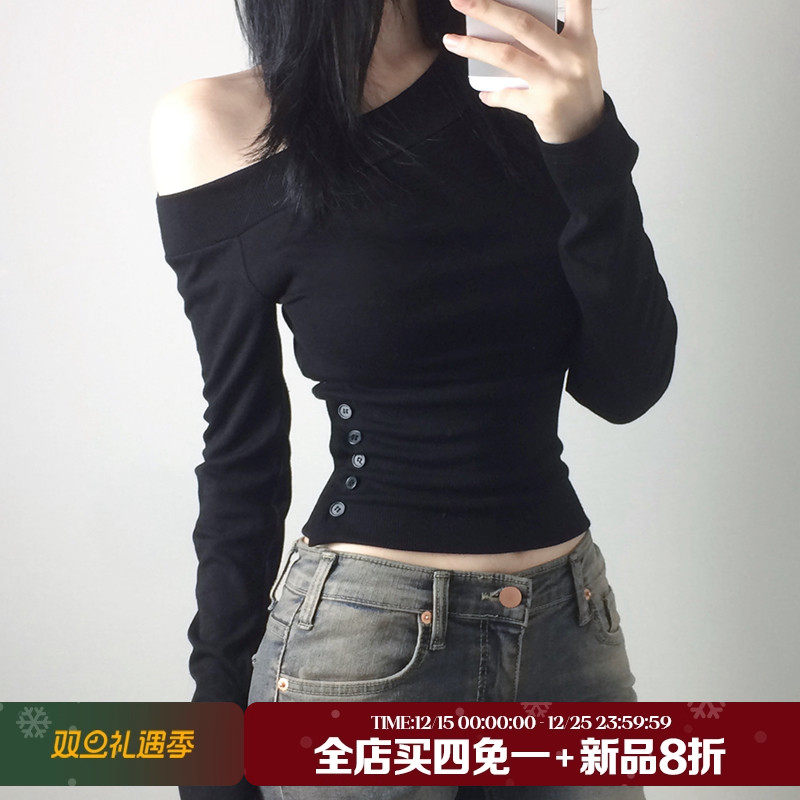 美式基础简约修身斜肩长袖T恤女