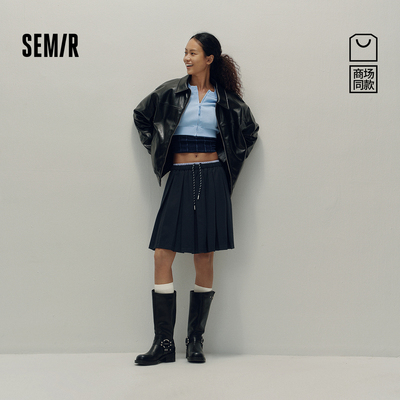 森马撞色松紧腰高腰百褶半身裙女