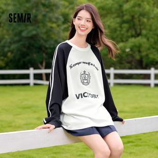 [商场同款]森马长袖T恤女中长款插肩袖刺绣2024新款oversize秋装