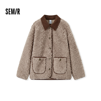 [商场同款]森马外套女仿兔毛宽松冬季2024新款灯芯绒翻领夹克复古