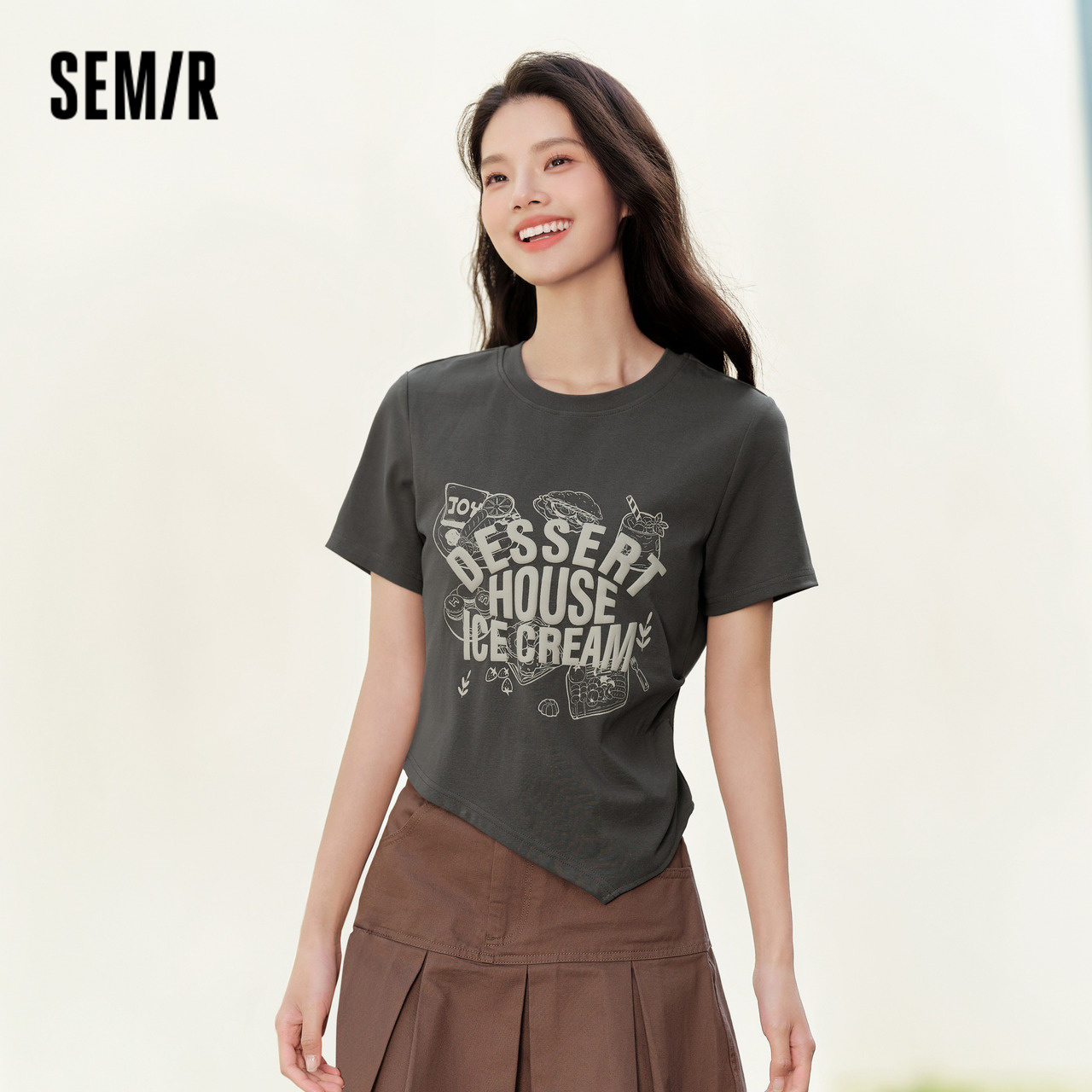 森马短袖T恤女短款印花小众小个子2024新款夏季修身不对称套头衫