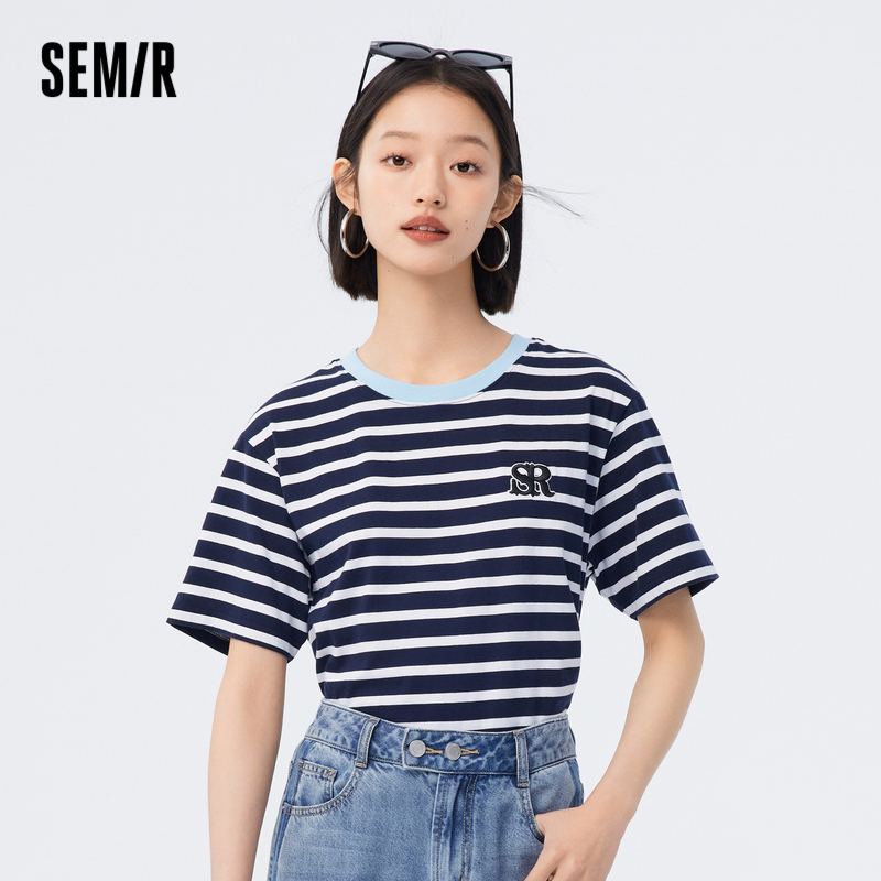 森马短袖T恤女刺绣撞色上衣个性2023夏季新款宽松时尚条纹衫复古