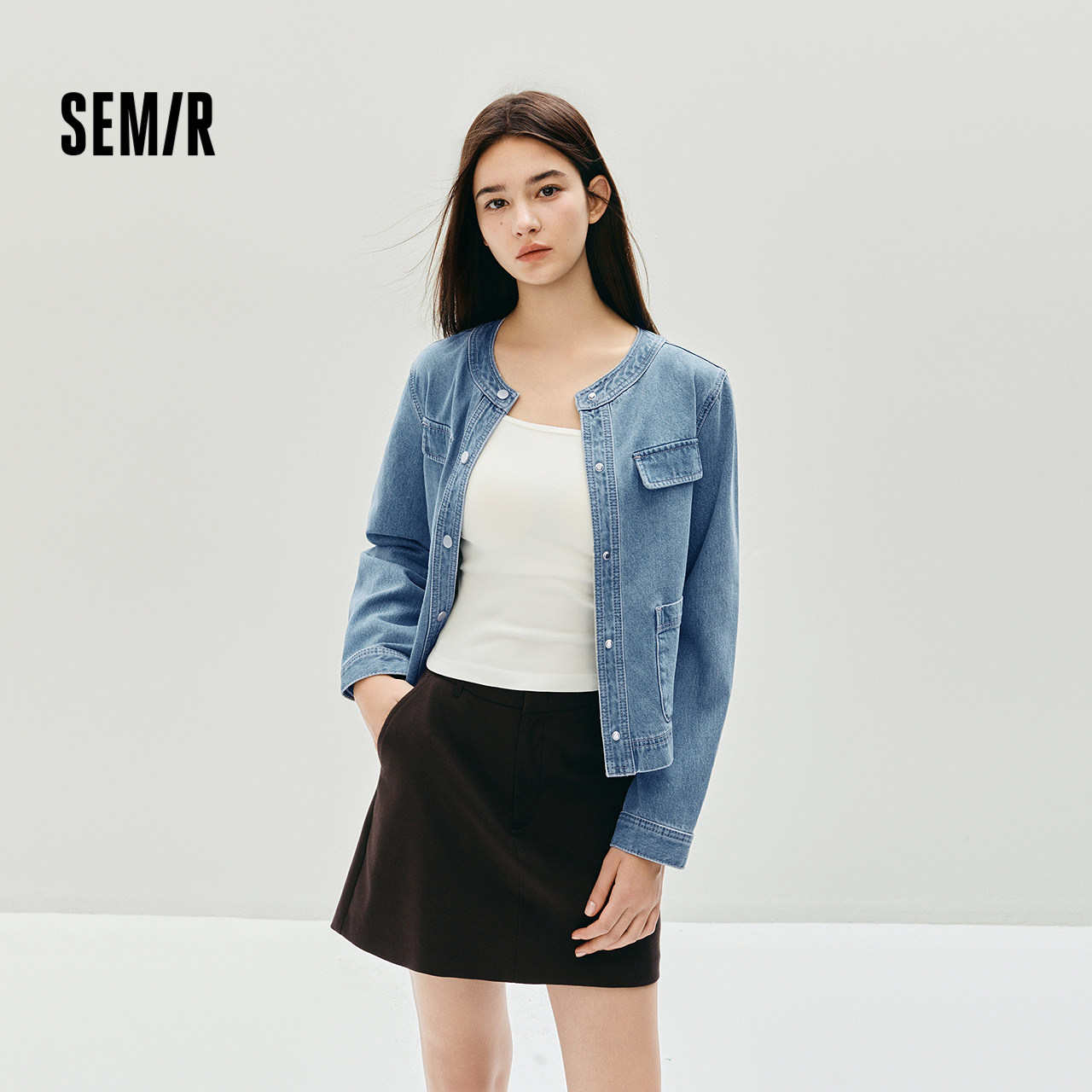 森马小香风圆领短款牛仔外套女