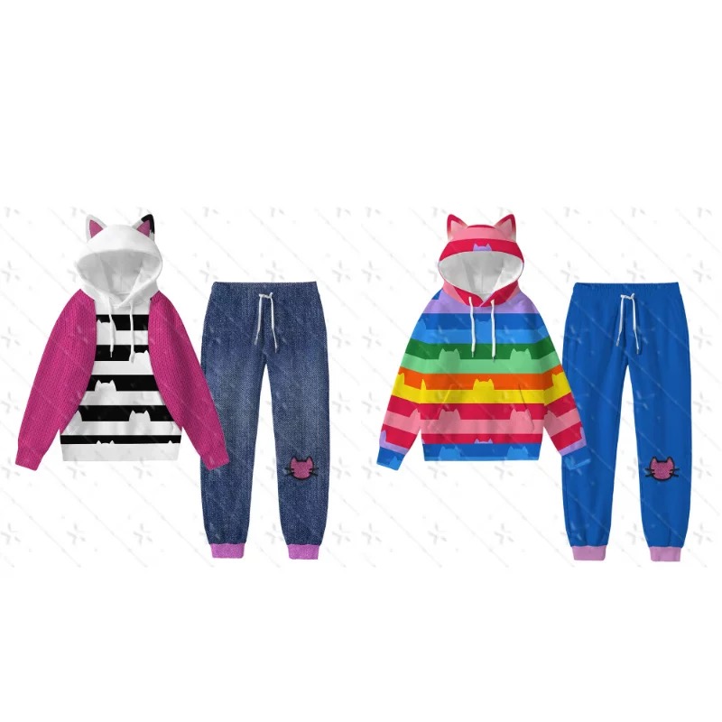 新款儿童盖比的娃娃屋卫衣套装男女童猫耳连帽衫裤子休闲套装