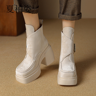 9cm内增高马丁靴女秀气丝绸牛皮粗跟坡跟短靴秋冬季保暖显瘦单靴