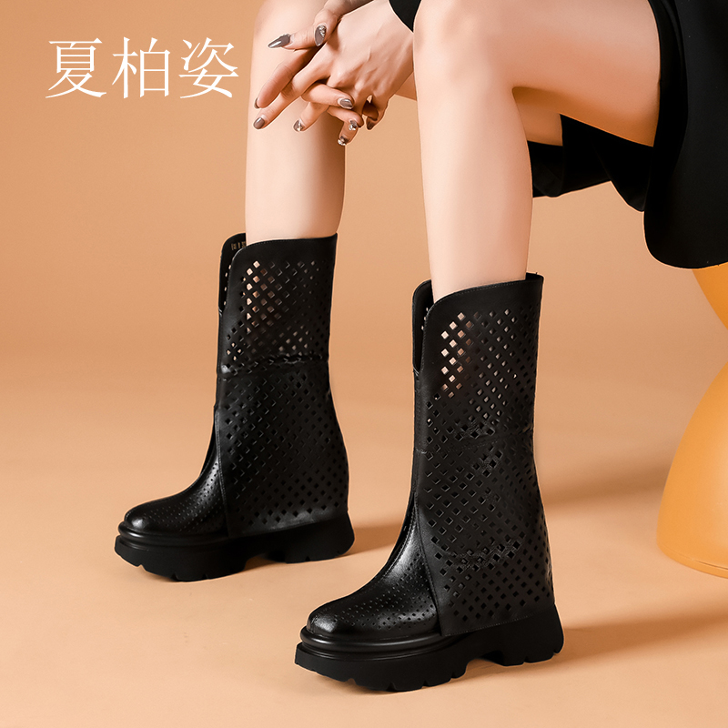 内增高10cm超高跟洞洞骑士靴真皮