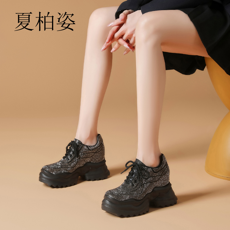 2025春季新款10cm内增高女鞋韩版水钻时尚真皮百搭坡跟运动休闲鞋