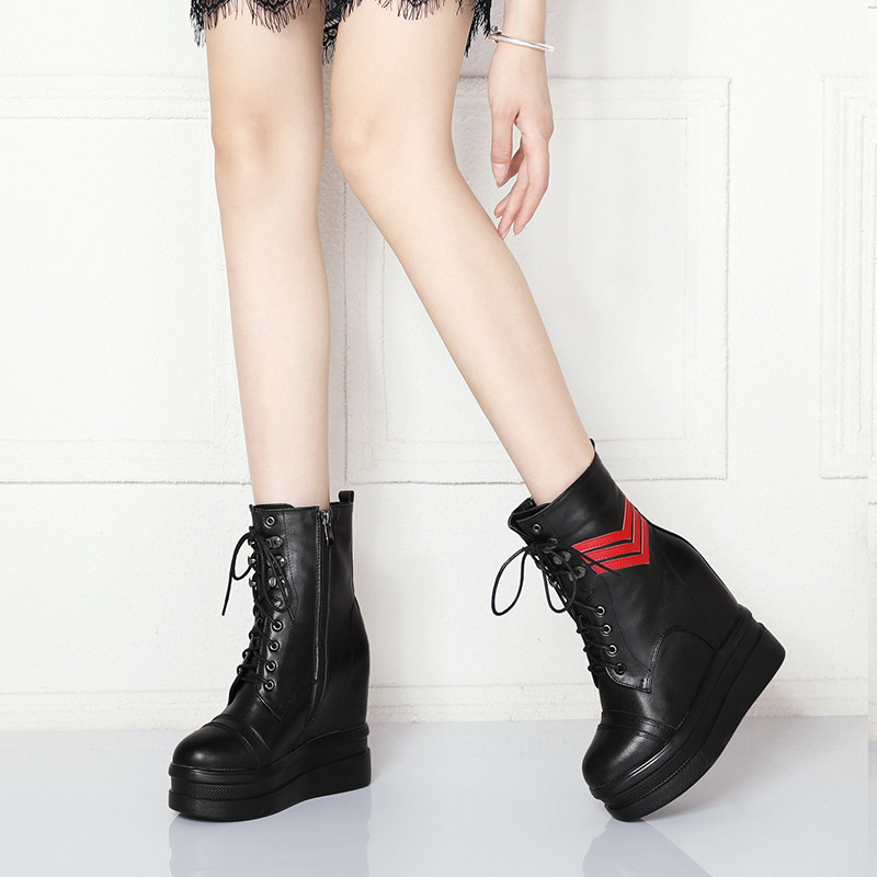 秋季新款真皮12厘米女坡跟马丁靴