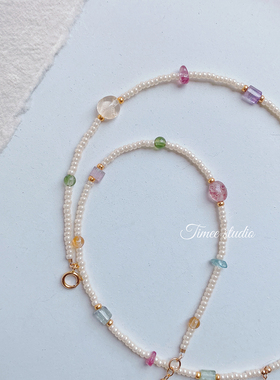 Timee Remedios 串珠项链古董珠碧玺黄水晶草莓晶彩宝珍珠毛衣链