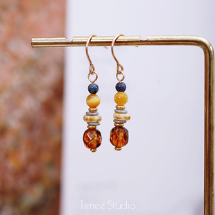 Timee恬觅 天然蓝石金虎眼捷克珠14K美包耳钩防过敏耳饰耳坠 es28